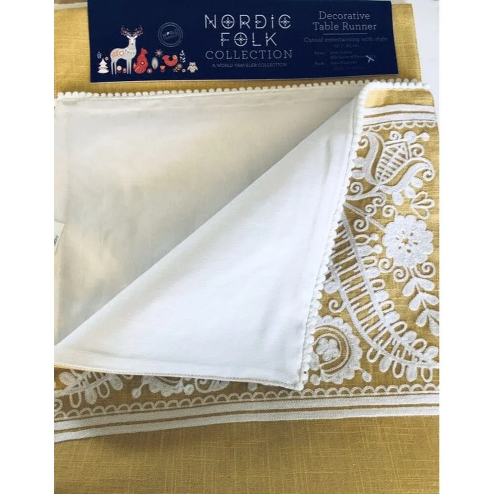 Nordic Folk Collection Embroidered Table Runner Yellow White 100% Cotton 72x14